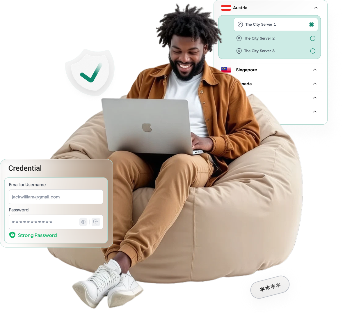 A smiling man on a bean bag working on a laptop, framed by an ezee server list and a saved credential card