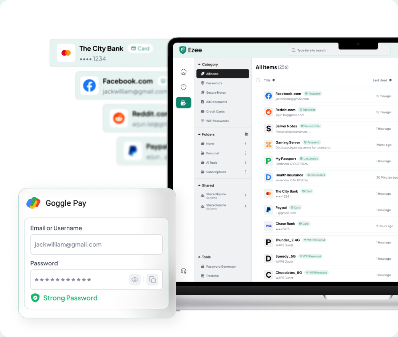 The ezee Password Vault listing saved logins and cards, with a saved Google Pay credential
