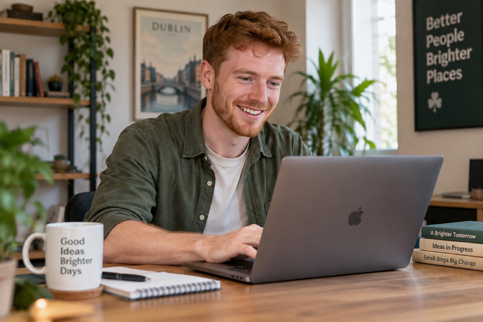 Smiling man working on a laptop at a wooden desk