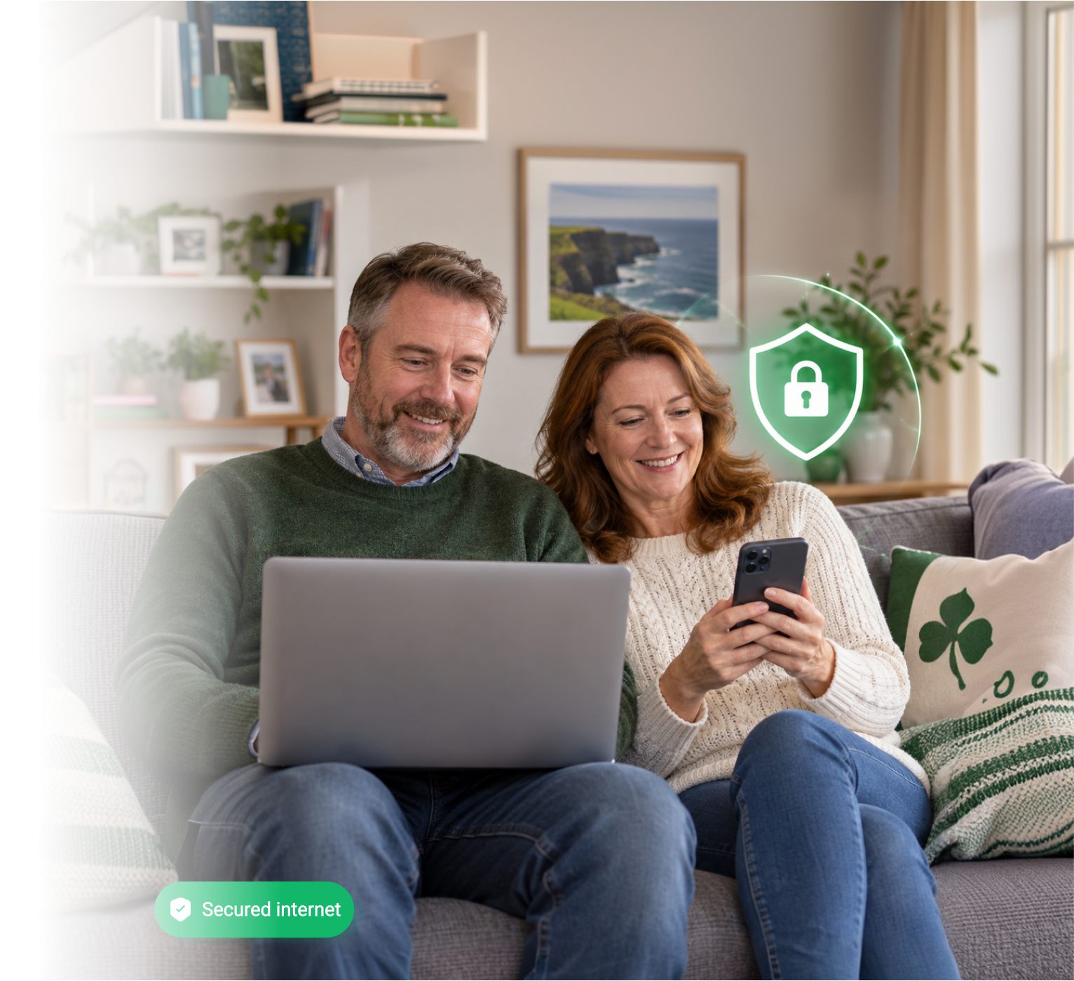 A smiling couple on a sofa using a laptop and a phone, with a shield icon and a "Secured internet" badge