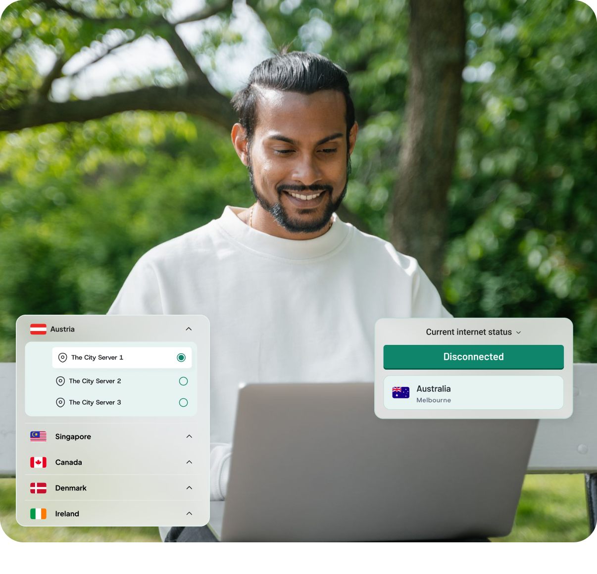 A man smiling at his laptop on a park bench, with the ezeeVPN server list and connection status panels